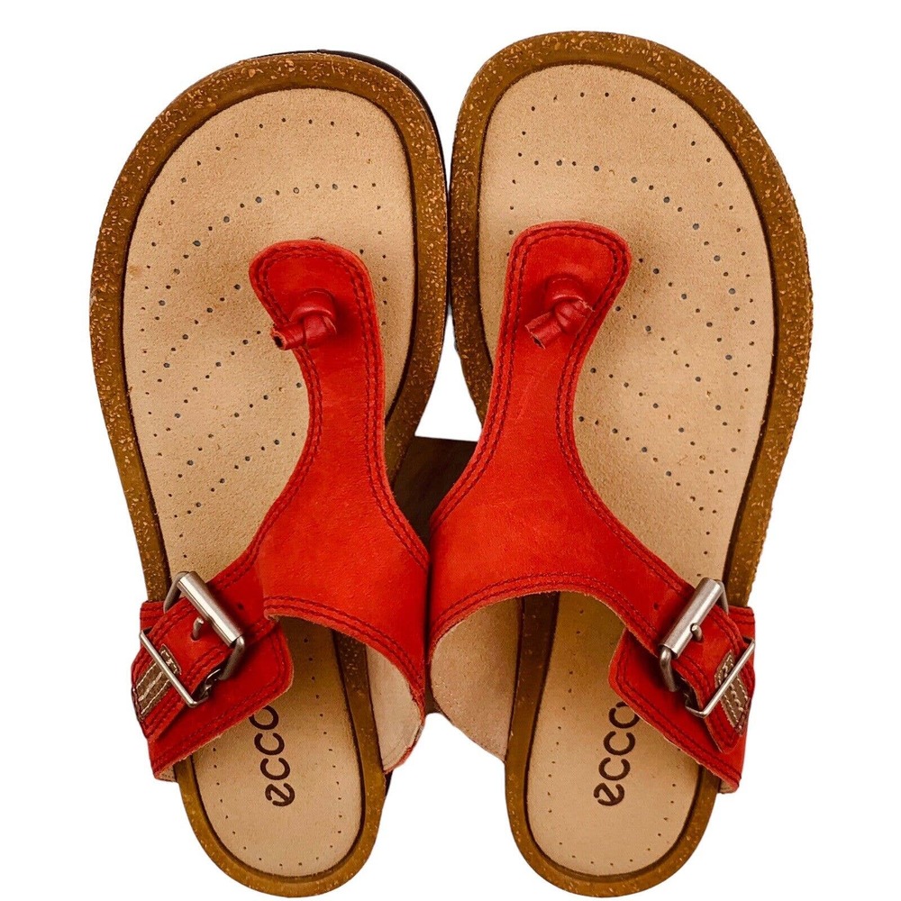 Ecco RED Sandals T Strap Thong Leather Slide-On Buckle Flip Flops Sz 39 ( 8-8.5)